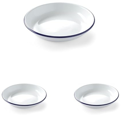 HENDI Assiette en acier émaillé blanc, avec bord bleu, récipient, plat rond, assiette creuse, ø240x(H) 40mm (Lot de 3)