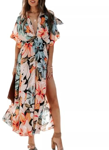 fdsmall Vestido largo bohemio de verano para mujer, cuello en V, manga media y floral, abertura lateral, acampanado, casual, para la playa, naranja, L