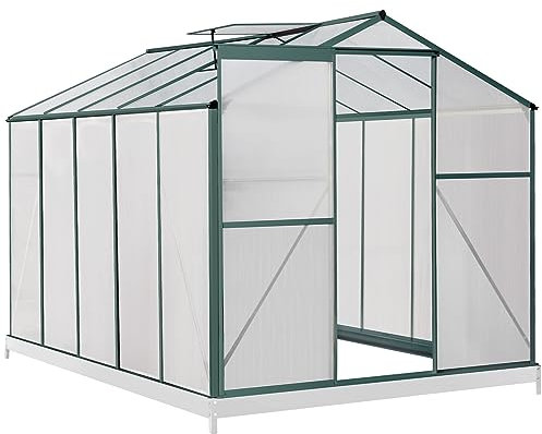 XEMQENER 8x6 FT Polycarbonate Greenhouse with Base, Large Garden Greenhouse with Sliding Door and Ventilation Window, Aluminum Frame Walk-in Greenhouses for Plant, Flower, 190x252x195 cm, Green