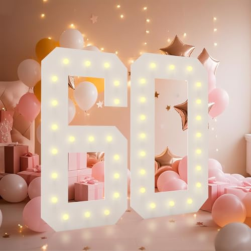 4FT Light Up Numbers, Marquee Numbers 4 Feet Tall Giant Number 60 | Easy to Assemble Mosaic Big Number Sign for 60th Birthday Party Backdrop Anniversary Decorations, Pre-Cut Large Frame