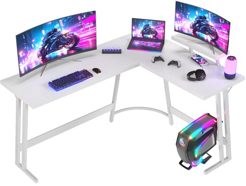JUMMICO Bureau Gaming en L 170x130cm - Bureau d'angle avec Support Écran Réversible - Polyvalent (Jeu/Travail/Étude) - Stabilité Maximale & Nettoyage Facil - Revêtement Carbone - Blanc