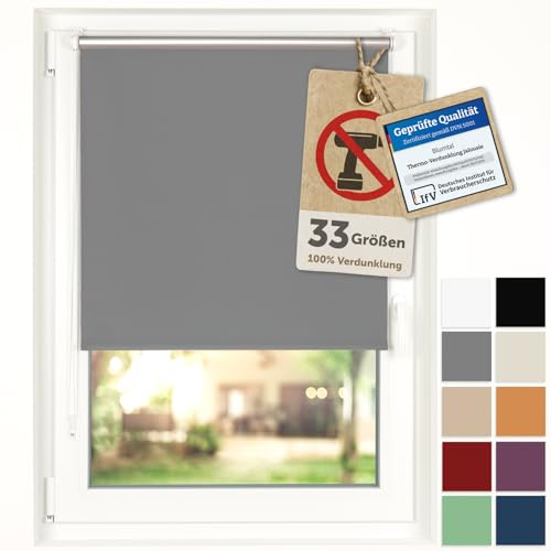 Blumtal Verdunkelungsrollo ohne Bohren 85x130cm - Thermorollo/Verdunklungsrollo 100% Verdunkelung - Klemmrollos für Fenster ohne Bohren - 4-lagiges Rollo UV-beständig - Blackout Blinds Grau