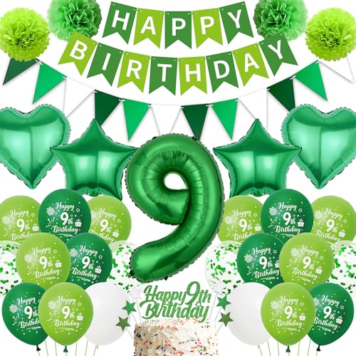 Tasoraor Deko 9. Geburtstag Junge Grün - Happy Birthday Banner Girlande Wimpel Tortendeko, Seidenpapier Pompons und Stern Herz Riesen Zahl 9 Folienballon für 9 Jahre Geburtstagsdeko