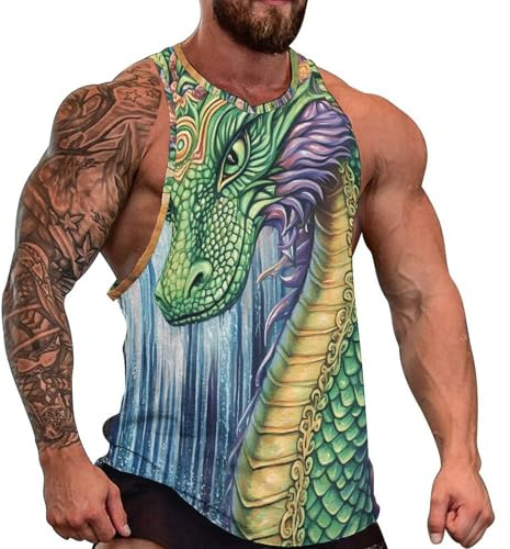 Waterfall Streams Dragon Fashion Tank Tops Gym Muscle Tee Sleeveless Shirt for Men Workout Vest XL