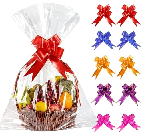 10 Stück Geschenkfolie Transparent Große, 100×75 cm Cellophantüten Geschenktüten Durchsichtig Durchsichtiges Geschenkpapier Klarsichtfolie Geschenkfolie Mit Zugschleifen für Geschenkkörbe