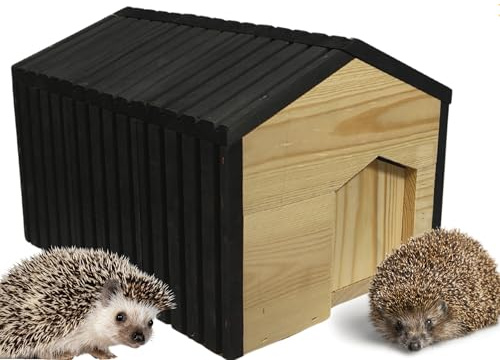 MODO24 Igelhaus aus FSC® Holz, Igelhütte, Igelhotel mit Labyrintheingang gegen Fressfeinde & Wetterfestem Dach, Winterschlaf & Nisthaus für den Garten, inkl. Heu & Futterschale, 25x36x27 cm, Schwarz