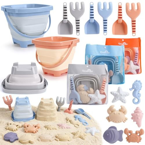Dreamon Giochi Sabbia Bambini, 18 Pezzi Giochi Mare con Secchiello Spiaggia Bambini Pieghevole Paletta Borsa Rete Giochi Spiaggia (Blu, Arancione, Grigio)