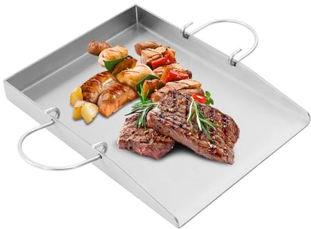 Plancha de 40 x 30 cm portátil de acero inoxidable con asas extraíbles, placa de barbacoa de 4 mm para barbacoa de gas y barbacoa de carbón vegetal