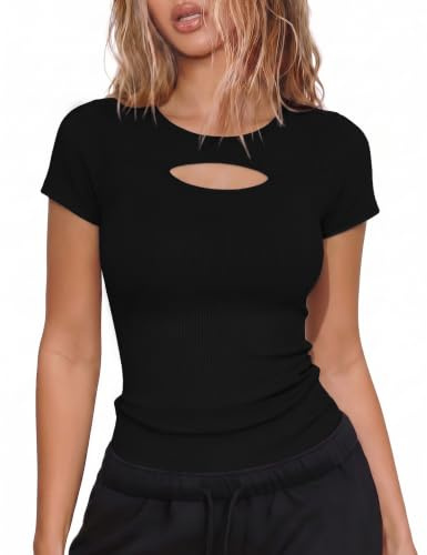 Aottori T Shirt Femmes Manches Courtes Col Rond Haut Été Côtelé Découpes | Doux et respirant, détails ajourés, maille côtelée extensible, tenue ajustée, idéal au quotidien et au bureau