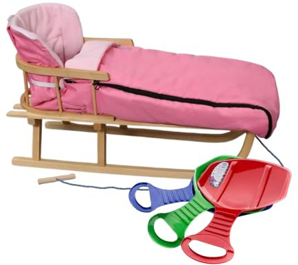 BirnePower Holzschlitten 90cm mit Rückenlehne und Winterfußsack 90cm oder 108cm Komplettset inkl. Zugseil & Gurt, Rodelschlitten aus Buchenholz