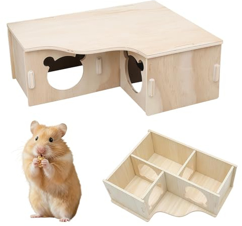 Hamster Haus Hamster Zubehör Aus Holz 3-Zimmer Hamsterhaus Mehrkammernhaus wasserfest Hamster Versteckhaus Holzhaus Eckhaus klein mit Deckel Zubehör für Zwerghamster Goldhamster Rennmaus
