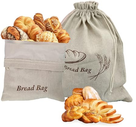 Bread Bags for Homemade Bread, 2 Pack Reusable Bread Bag Cotton Eco Bread Storage Bags for Store Bread, Potatoes, TPU Interior Lining to Stay Fresh, 30x38cm