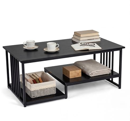 COSTWAY Couchtisch, Wohnzimmertisch 3 Ebenen mit robustem Metallgestell, Industrie-Design, rechteckiger Kaffeetisch 110 x 60 x 45 cm, Sofatisch für Wohnzimmer & Büro (Schwarz)