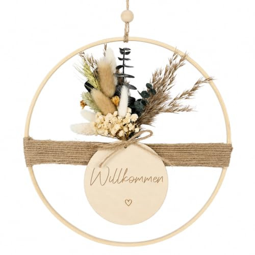 Trockenblumenkranz 25 cm mit Willkommen-Schild, Boho Türdeko aus Holz | Trockenblumen Türkranz Hängend, Holz Türkranz Deko für Haustür, Fenster, Wohnzimmer und Hochzeit, Ganzjährig Dekokranz