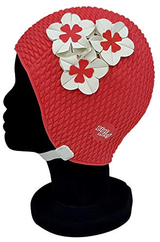 Blue Reef Tokyo Bubble Bonnet de bain pour femme Motif floral classique rétro 3 fleurs 2 couleurs trio de pétales 3D élégant vintage Taille unique pour adulte avec sangle réglable Rouge/blanc
