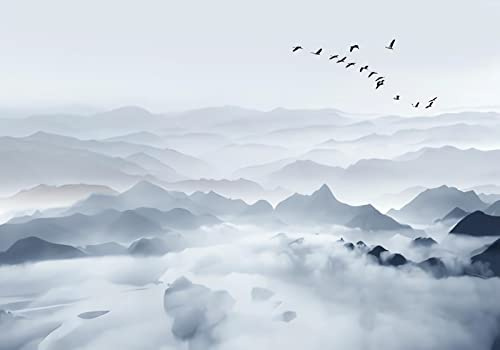 Wesmilewallpaper Papier Peint Panoramique Paysage Montagne Zen 350X245cm | Paysages Naturels Nuage Oiseau Brumeux Gris Asiatique Rétro Intissé Soie Murales Poster Décoration Murale Chambre Bureau