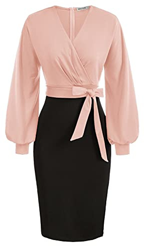 GRACE KARIN Vestiti Tubino Donna Elegante Bodycon Maniche Lunghe Scollo a V Slim Rosa XL