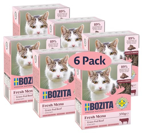 Bozita Tetra Häppchen in Sauce mit Rind – 6x370g Getreide- & zuckerfreies Premium-Katzenfutter ohne Gentechnik – 7,5% Protein & 5% Fett – besonders nahrhaft & schmackhaft
