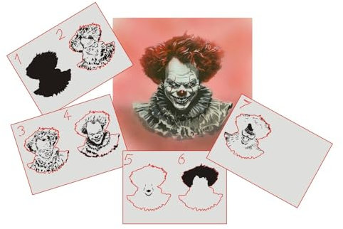 AS-374 Evil Clown Step by Step Schablone für Acryl, Airbrush, Spray, Lacke und Wandfarbe Größe XL
