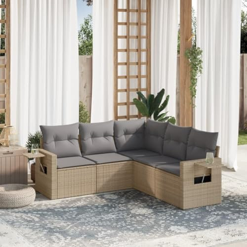 Rantry 5-TLG. Gartensofa Set mit Kissen Gartenlounge Gartenmöbel Loungesofa Balkonmöbel Ecklounge Ecksofa Sitzgruppe Loungemöbel für Garten Terrasse und Balkon Beige Poly Rattan