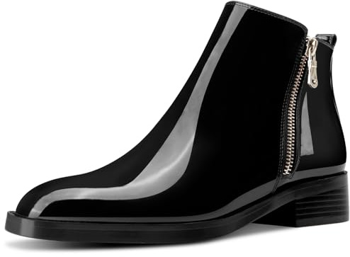 Saekcted Womens Chunky Block Low Heel Square Toe Ankle Boots Short Bootie Slip-on Zipper Office Basic Classic Patent Leather Flat Boots Black 11 M US