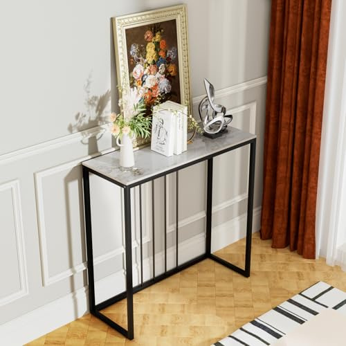 FATIVO Tavolino consolle bianco smeraldo, 80 cm, in marmo, stile scandinavo, moderno, con struttura in metallo nero, ingresso di lusso, per soggiorno, 80 x 30 x 78,5 cm