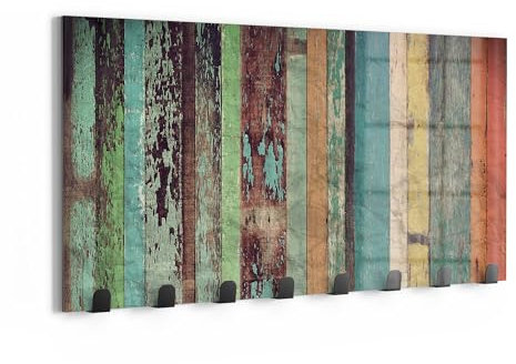 DEQORI Wandgarderobe Glas & Metall | Motiv Bunte Bretter | 60x30 cm | Design Haken-Leiste modern | Garderoben-Paneel für Flur, Wohnzimmer & Schlafzimmer | magnetisch & beschreibbar