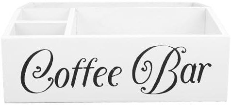 CHEOTIME Organizador de estación de café, caja de madera para barra de café con 4 compartimentos, soporte para cápsulas de café, almacenamiento para encimera, color blanco