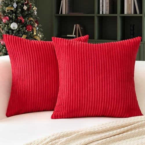 Ohok 2er Set Weihnachten Kissenbezug, Weiche Zierkissenbezüge Modern Dekokissen Kissenhülle Set Weihnachtsdeko für Sofa Couch Wohnzimmer Schlafzimmer (Kordsamt Rot, 40x40cm)