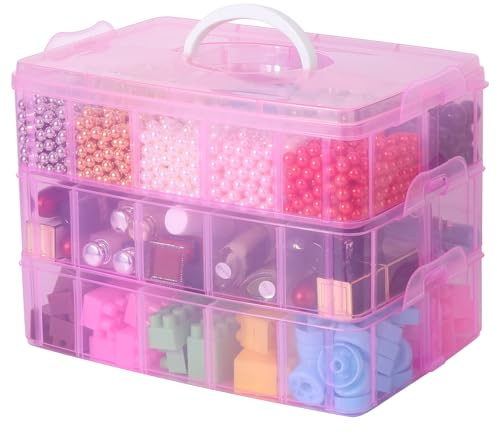 Segbeauty Scatole Plastica con Coperchio Grandi, 26 * 17 * 18cm, 3 Strati con 10 Scatole per Perline con Divisori, Porta Viti Cassettiera Regolabili, con Maniglia