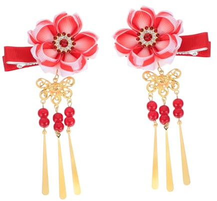 Japanische Haarspange mit Blumenmotiv und Glocke, Rote Baumwolle | 1 Paar, Lange Quasten als Detail, Passend zu Kimono und Japanischer Kleidung