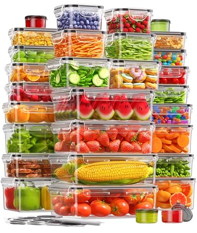 KEMETHY 60 PCS Food Storage Containers with Lids, BPA-Free Plastic Food Containers for Kitchen Storage, Leak Proof, Reusable Meal Prep Containers with Labels & Pen