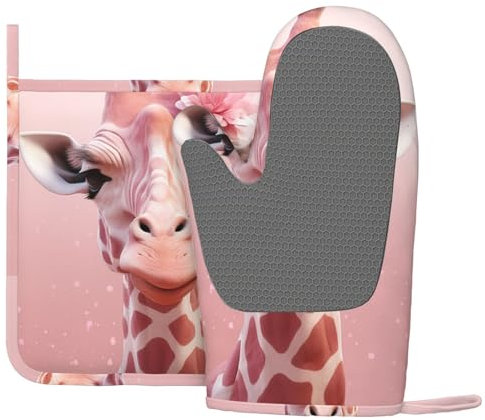 Lot de 2 maniques et maniques en silicone résistant à la chaleur Motif girafe Rose