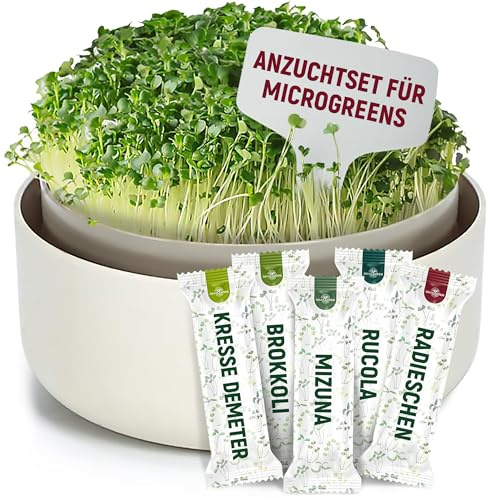 ORAGARDEN Sprossen Anzuchtset mit 5 Bio Sorten - Brokkoli, Rucola, Mizuna, Radieschen & Kresse Demeter - Microgreens Keimschale Starter Set für Küchenkräutergarten - Anzuchtschale mit Kressesieb