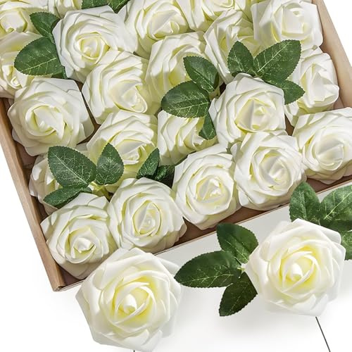 Tosean 25 StüCk Künstliche Rosen Schaumrosen, Künstliche Rosen Blumen für Hochzeit, Gefälschte Kunstrose, Deko für DIY Hochzeit, Braut Blumensträuße und Zuhause Dekoration - Milchig Weiß