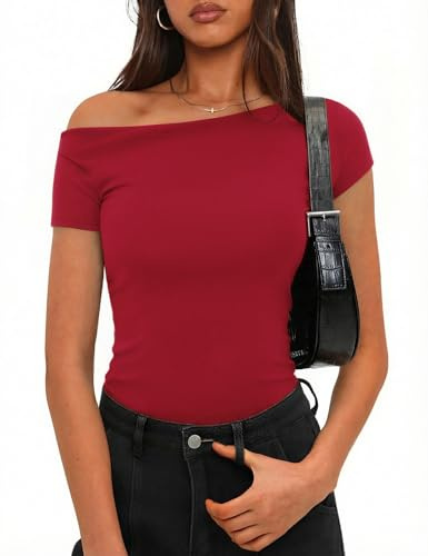 Totatuit Womens Off Shoulder T Shirt UK Y2K Top Short Sleeve Ladies Slim | Slim Fit, Stretch, Basic Plain, Summer Casual, Tunic Tops, Suitable for spring and summer