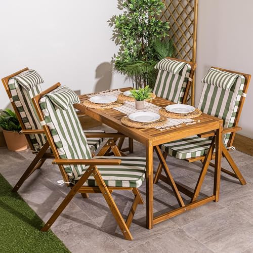 icon Outdoor High Back Seat Pad, Olive Deck Stripe, Set of 4, Garden Chair Seat Cushion with Fibre Fill Included, Water-Resistant, Cushions with ties for Chair, Garden, Patio Furniture