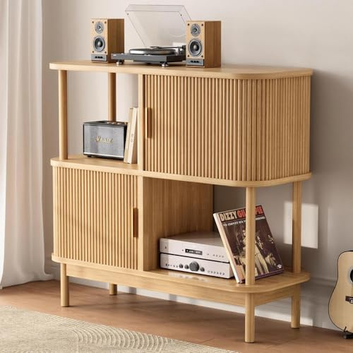 oneinmil Record Player Stand, Mid Century Modern Turntable Cabinet with 2 Sliding Doors and 2 Open Storage for Up to 400+ Album, Wood Vinyl Record Storage Stand for Living Room Music Corner, Oak