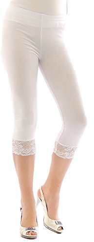 YESET Capri 3/4 leggings spets bomull leggings spetskant byxor tvätt dam, Vit, M
