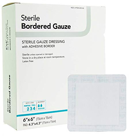 DermaRite's Sterile Bordered Gauze Dressing with Adhesive Border - Flexible Non-Linting Material, First-Aid, Individually Packaged - 6 in. x 6 in., 1 Count, 25 Packs, 25 Total