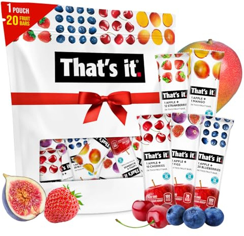 That’s it. Fruit Bars Variety Pack (20 Pack) | 100% Natural Fruit Snacks, Gluten-Free, Vegan & Low Carb | Healthy Snack Bars – Strawberry, Mango, Blueberry, Cherry & Fig