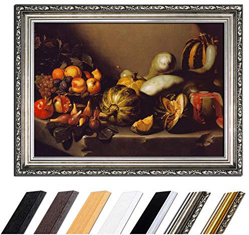 Bild mit Rahmen - Caravaggio Stillleben mit Fruchtschale 50x40 cm - Gerahmtes Leinwandbild Alte Meister - Antiker Rahmen Silber Barock, Klassisch