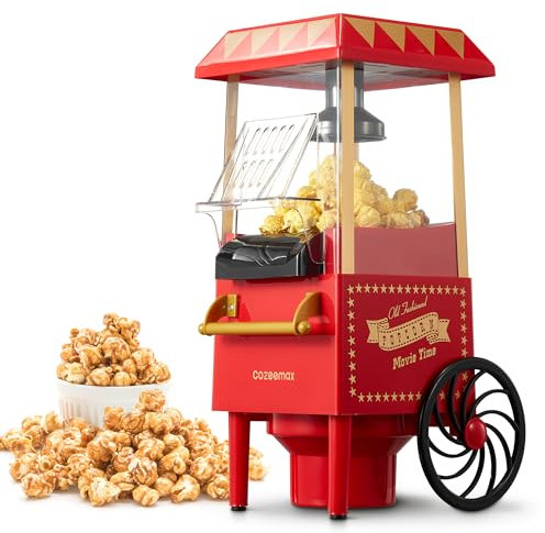 Cozeemax Palomitero, 1200W Vintage Máquina de Palomitas con Gran Capacidad, máquina de hacer palomitas dulces Aire Caliente Sin Grasa AceitaLibre de BPA, Rojo