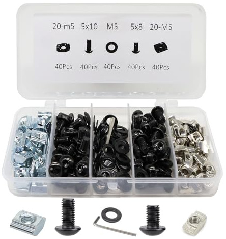 BLCCLOY 200Pcs 2020 Aluminum Extrusion M5 T Slot Nuts and Bolts Screws 20 Series Extruded Hardware Drop in T Nut Slide Nut M5x8 10mm for 20/20 80 20 2040 T V Slot Black Aluminum Profile Accessories