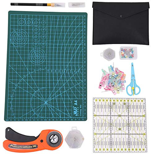 Trimming Shop Rotationsschneider & Nähwerkzeuge Kit inkl. 45mm Rotationsschneider mit 5 Klingen, Hobby-Schnitzstift, A4-Schneidematte, Patchwork-Lineal, Schere, Nähclips und Pins (96 Stück)