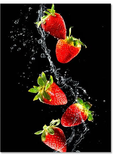 wandmotiv24 Leinwandbild Obst & Gemüse, Hochformat, Erdbeeren & Wasser M0380