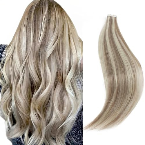 Sixstarhair Tape In Hair Extensions Blonde Highlights 100 Real Remy Human Hair Professional Beautiful Color Gold Blonde With Ash Blond and Most Invisible Hair Tape [Color P20-60#-18 inch]