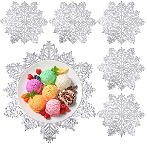 Weihnachten Platzset, Tischmatte, 6er Platzsets PVC Schneeflocken-tischset für Weihnachten, Geburtstag, Hochzeit, Bankett, Waschbar，Schneeflocke Hohles Tischset, Antifouling Platz-Matten (Silber)