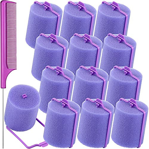 12 rulli per capelli in spugna di schiuma, 4,8 cm, bigodino flessibile per capelli e pettine a coda di topo in acciaio inox, per acconciare i capelli, 1,8 cm, colore: viola