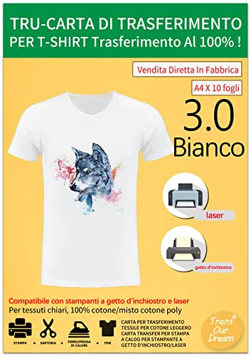 TransOurDream A4X10 Fogli, Carta per trasferimento in Tessuto per Cotone Leggero, stampanti a Getto d'inchiostro e Laser, Carta per trasferimento in Tessuto, Colore: Bianco（I-2-3.0-10）